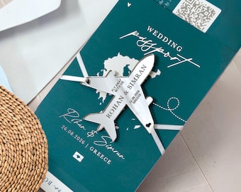 Convite de casamento em formato de passaporte azul-petróleo, avião de acrílico, convites para casamento em destino paradisíaco