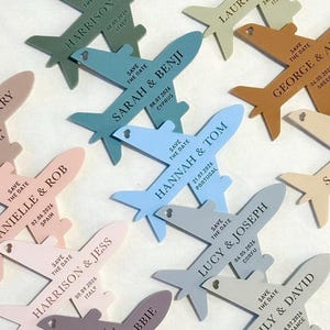 Aeroplane Fridge Magnet SAVE THE DATE Destination Abroad Wedding, Acrylic Plastic, Travel Airplane Invitation, Italy Greece (Any Text)