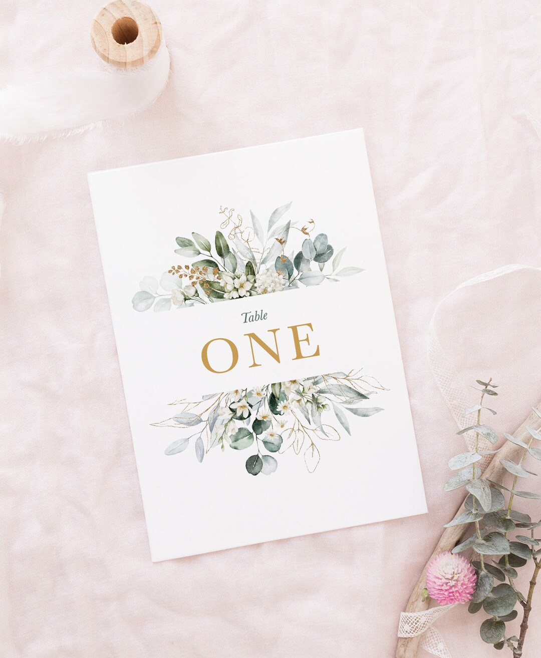 Printed A6 Table Name Cards, Eucalyptus Daisy With Gold Text, Wedding ...
