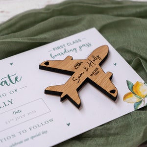 Lemon Olive Tree Magnet Boarding Pass Wedding SAVE the DATE, Wooden Plane Fridge Magnet, Travel Aeroplane Wedding Ticket for Italy Wedding image 3