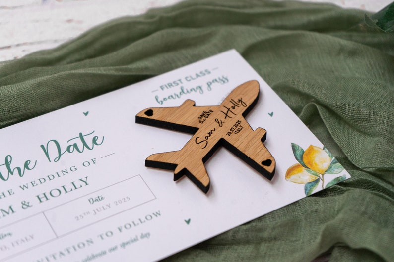 Lemon Olive Tree Magnet Boarding Pass Wedding SAVE the DATE, Wooden Plane Fridge Magnet, Travel Aeroplane Wedding Ticket for Italy Wedding image 3