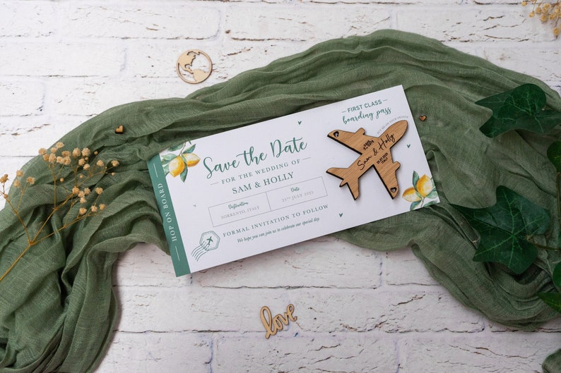 Lemon Olive Tree Magnet Boarding Pass Wedding SAVE the DATE, Wooden Plane Fridge Magnet, Travel Aeroplane Wedding Ticket for Italy Wedding image 1