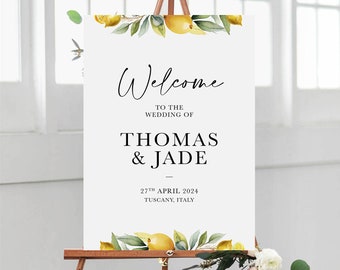 PRINTED Wedding Welcome Sign, Lemon Design with Black Script Text, Italy Seating Chart, THICK board for Easel