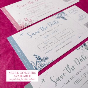 May include: Three save the date cards with a travel theme. The cards are white with blue and pink watercolour floral designs. The text on the cards reads "Save the Date" and includes the names of the couples and the date of the wedding. The cards also include the destination of the wedding, which is Zante, Greece. The cards are designed to look like airplane tickets.