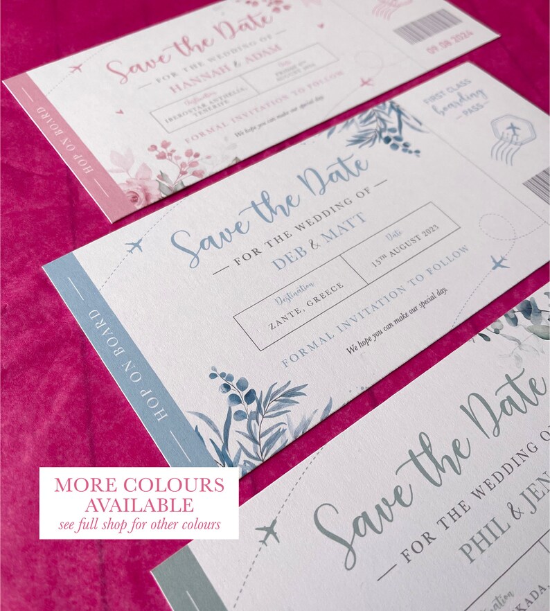 May include: Three save the date cards with a travel theme. The cards are white with blue and pink watercolour floral designs. The text on the cards reads "Save the Date" and includes the names of the couples and the date of the wedding. The cards also include the destination of the wedding, which is Zante, Greece. The cards are designed to look like airplane tickets.