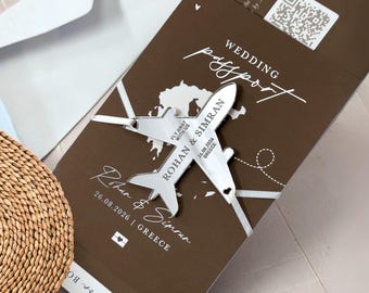 Convite de casamento em formato de passaporte marrom chocolate, avião de acrílico, convites para casamento em destino paradisíaco.