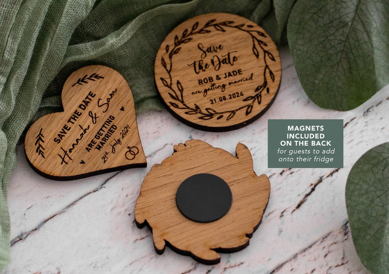 Wooden Fridge Magnet SAVE THE DATE for Wedding, with Lemon Themed A6 Backing Card, Heart Shape or Wreath, Engraved Save the Date image 4