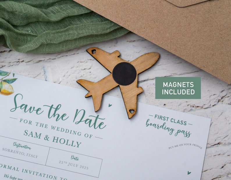 Lemon Olive Tree Magnet Boarding Pass Wedding SAVE the DATE, Wooden Plane Fridge Magnet, Travel Aeroplane Wedding Ticket for Italy Wedding image 2