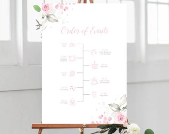 PRINTED Wedding Order of Events Sign, Wedding Timeline, Order of the Day, Floral Pink Roses Theme, THICK board