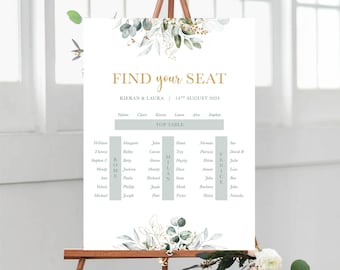 PRINTED A1 or A2 Wedding Table Plan Sign for Long Table Setup, Eucalyptus Daisy with Gold Text, THICK board for Easel, Seating Plan