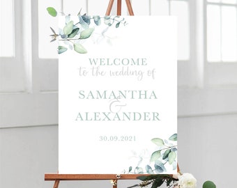 PRINTED A1, A2 or A3 Thick Board, Welcome to our Wedding Sign, Eucalyptus Green Leaves Theme, Thick Display Board for Easel