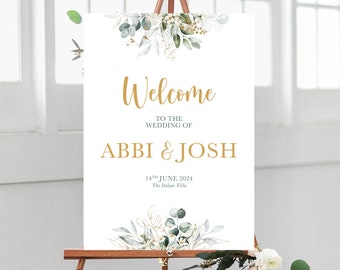 PRINTED A1, A2, A3 Thick Board or Poster, Welcome to our Wedding Sign, Eucalyptus Daisy with Gold Text, Display Board for Easel