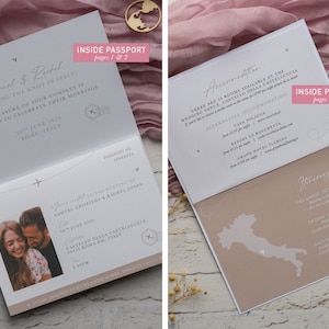 May include: Wedding invitation designed as a passport, featuring the couple's photo and event details. The text reads "ARE TYING THE KNOT IN ITALY!" and the date is "10th June 2025". Includes a map of Italy and travel-themed illustrations.