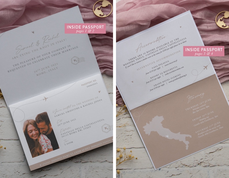 May include: Wedding invitation designed as a passport, featuring the couple's photo and event details. The text reads "ARE TYING THE KNOT IN ITALY!" and the date is "10th June 2025". Includes a map of Italy and travel-themed illustrations.