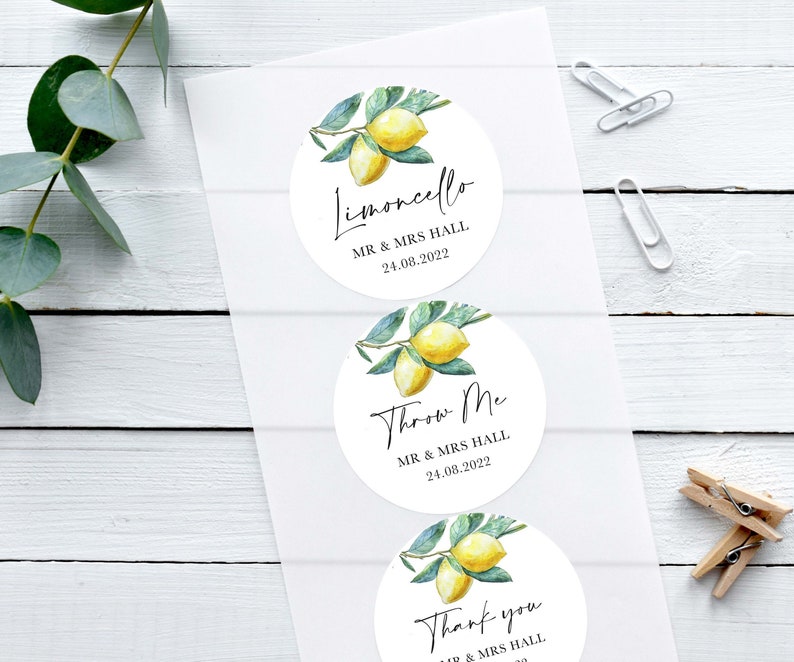 ANY TEXT Wedding Stickers, Personalised Lemon Olive Tree with Black Script Text, Custom Wedding Day Favour Stickers, Round Sticky Labels image 1