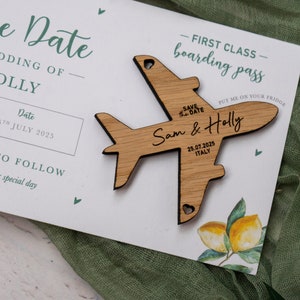 Lemon Olive Tree Magnet Boarding Pass Wedding SAVE the DATE, Wooden Plane Fridge Magnet, Travel Aeroplane Wedding Ticket for Italy Wedding image 5