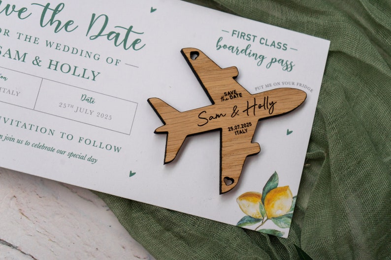 Lemon Olive Tree Magnet Boarding Pass Wedding SAVE the DATE, Wooden Plane Fridge Magnet, Travel Aeroplane Wedding Ticket for Italy Wedding image 5