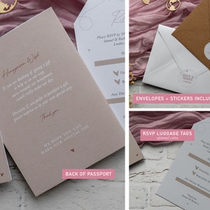 May include: Wedding stationery set in blush pink, including invitations, RSVP cards, and luggage tags. Envelopes and stickers are included. The invitations feature a honeymoon wish. RSVP cards offer acceptance or decline options. Luggage tags are optional.
