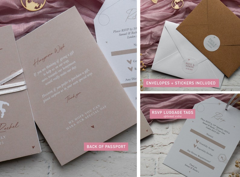 May include: Wedding stationery set in blush pink, including invitations, RSVP cards, and luggage tags. Envelopes and stickers are included. The invitations feature a honeymoon wish. RSVP cards offer acceptance or decline options. Luggage tags are optional.