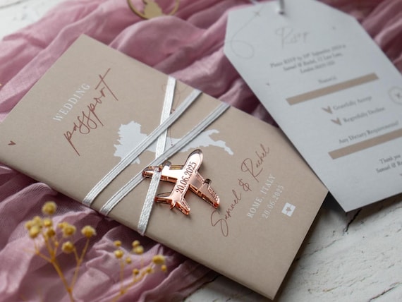 Passport Invitations for Destination Wedding, Acrylic Plane Charm, Neutral Beige Passport Invite