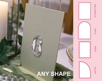 Acrylic Wedding Table Numbers 5x7 Matt and Mirror Acrylic Table Sign. Arch, Wavy, Rectangle or Slant Shape - Sage Green & Silver, 15 Colours