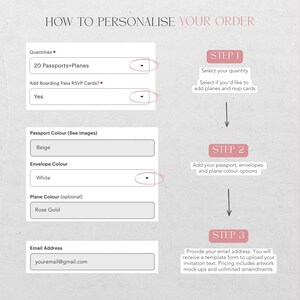 May include: A guide titled "HOW TO PERSONALISE YOUR ORDER" with instructions for customising invitations. It includes fields for quantities, RSVP cards, passport and envelope colours, and email address. Steps are numbered and explained.
