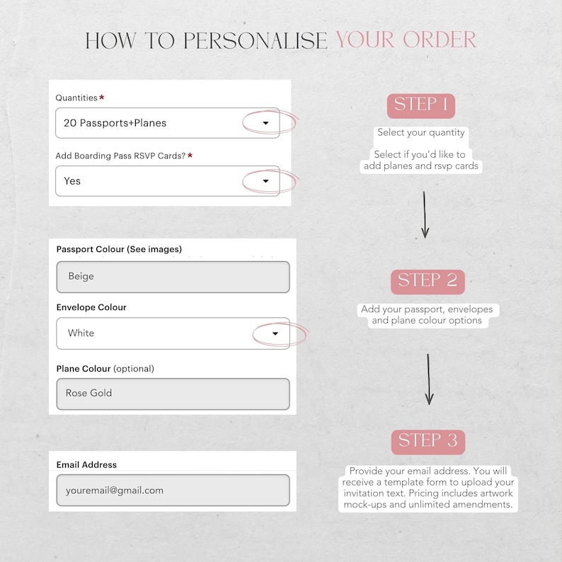 May include: A guide titled "HOW TO PERSONALISE YOUR ORDER" with instructions for customising invitations. It includes fields for quantities, RSVP cards, passport and envelope colours, and email address. Steps are numbered and explained.