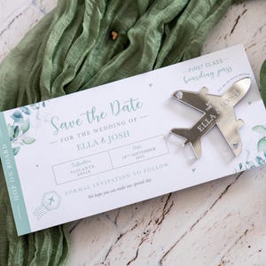 Silver Mirror Acrylic Aeroplane Magnet, Boarding Pass Save the Date, Destination Wedding, Eucalyptus Fridge Magnet Plane Ticket, Sage Green