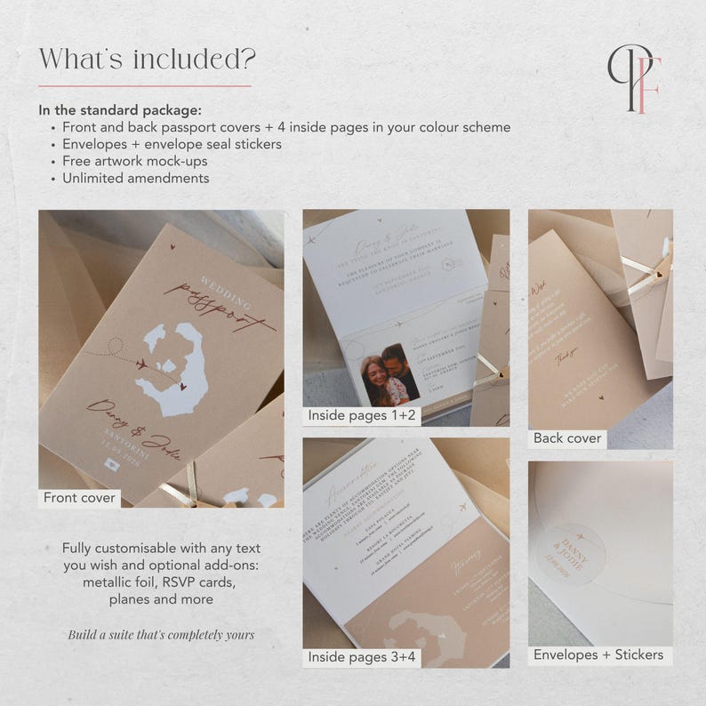 May include: A wedding passport suite in a beige colour scheme. The front cover features a map design and the text "Wedding Passport". Inside pages include photos and text. The suite includes envelopes and stickers. Text on the image says "What's included?" and "Fully customisable".