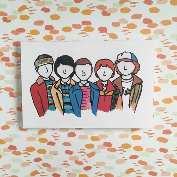 The Gang - Stranger Things 4x6in print: lucas sinclair, mike wheeler, eleven, will byers, dustin henderson