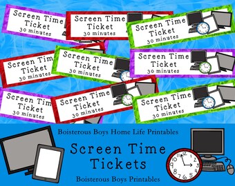 May include: A set of printable screen time tickets for children. Each ticket is a different colour and features a computer monitor, keyboard, and mouse. The tickets say "Screen Time Ticket 30 minutes".