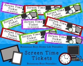 May include: A set of printable screen time tickets for children. Each ticket is colourful and features a computer monitor and a clock. The tickets say "Screen Time Ticket 10 minutes".