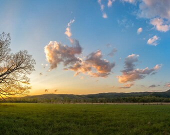 Sunset Cades Cove Panorama Great Smoky Mountains National Park, Landscape Photograph, Tennessee Art, Large Wall Decor, Blue Ridge Mountains