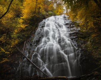 Crabtree Falls, Blue Ridge Parkway, North Carolina, Waterfall Photo, Autumn Leaves, Highlands, Appalachian Mountain, Fine Art Print, Rustic