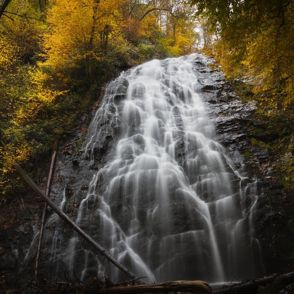 Crabtree Falls, Blue Ridge Parkway, North Carolina, Waterfall Photo, Autumn Leaves, Highlands, Appalachian Mountain, Fine Art Print, Rustic