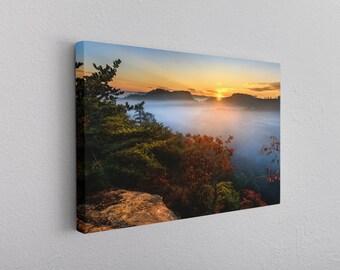 Red River Gorge Sunrise Foggy Valley / Kentucky Art / Nature Photography / Home Decor / Country Art / Tree Photography / Canvas Wrap