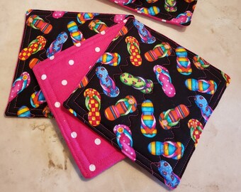 Fabric Rug Mugs/Coasters-Fun in the Sun Colorful Flip Flops on Black
