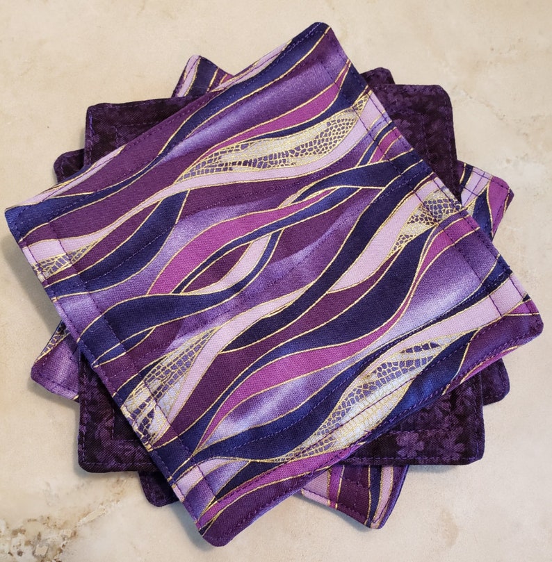 Fabric Rug Mugs/Coasters-Assorted Purple Waves with Gold Accents image 1