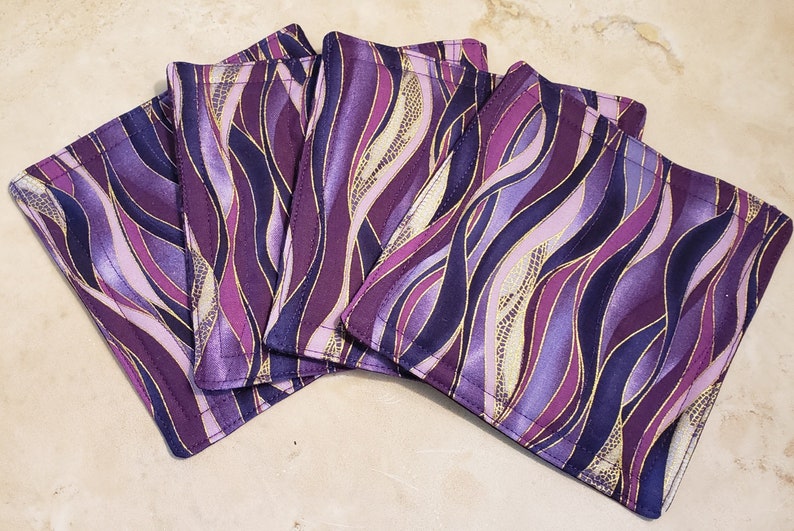 Fabric Rug Mugs/Coasters-Assorted Purple Waves with Gold Accents image 5