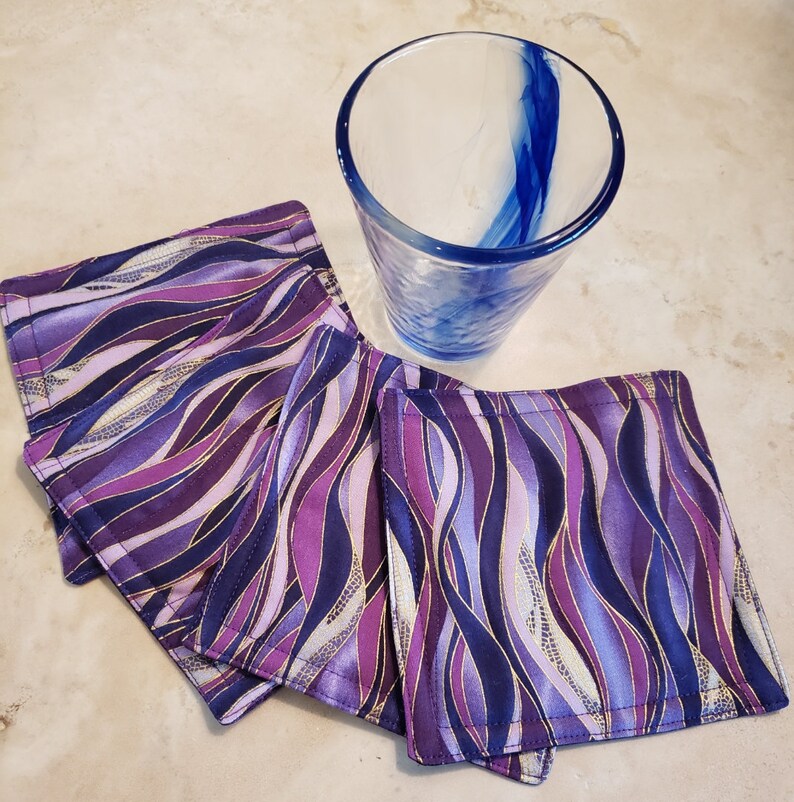 Fabric Rug Mugs/Coasters-Assorted Purple Waves with Gold Accents image 2