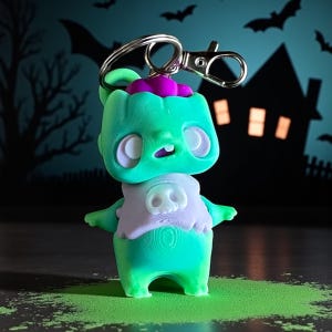 May include: A teal and purple zombie-themed keychain. The keychain features a cartoon zombie with a skull-shaped chest piece and a purple brain. The keychain has a silver clasp and ring for easy attachment. The background includes a spooky Halloween scene.