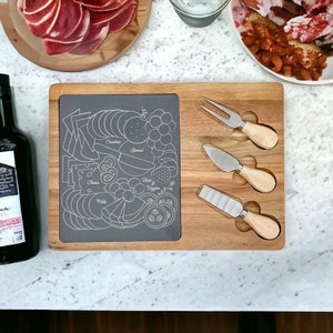 Slate & Acacia Wood Serving Board With Cheese Knives - Charcuterie Tray - Cheese Board - Charcuterie Board - Serving Tray - Charcuterie Map