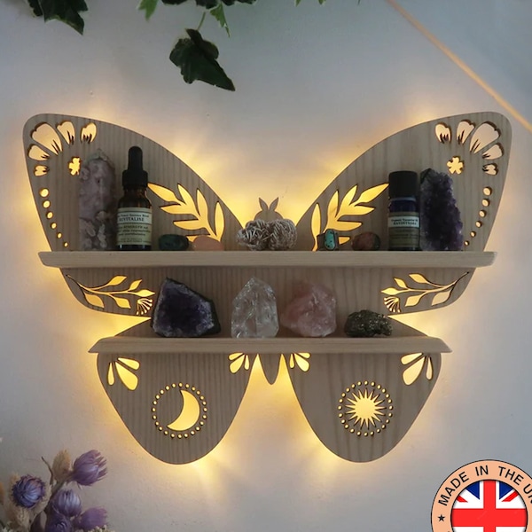 Coppermoon Light Butterfly Shelf, Butterfly Lamp, butterfly , wooden crystal shelf,  Butterfly Wall Art