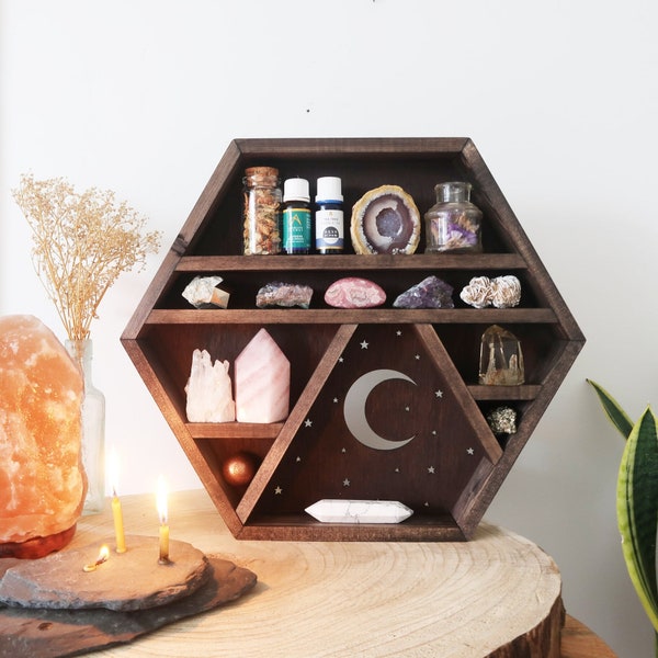 Coppermoon Brown Geometric Shelf, Hexagon shelf  - Moon & Stars, Crystal Shelf