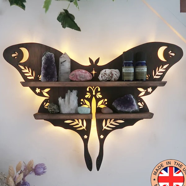 Luna Moth Shelf, Luna Moth Lamp,  Luna Moth,  wooden crystal shelf, Luna Moth Wall Art