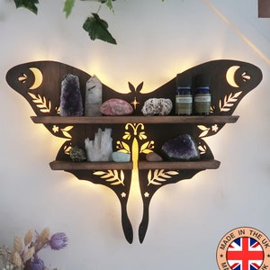 Coppermoon Brown Luna Moth Shelf, Luna Moth Lamp,  Luna Moth, Wooden crystal shelf, Luna Moth Wall Art