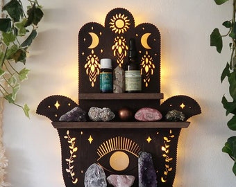 Coppermoon Brown Hamsa Hand Shelf, Hamsa Hand Lamp,  Hand of Fatima,  wooden crystal shelf, Hamsa Wall Art