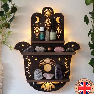 Coppermoon Brown Hamsa Hand Shelf, Hamsa Hand Lamp, Hand of Fatima, wooden crystal shelf, Hamsa Wall Art Brown