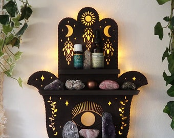 Coppermoon Black Hamsa Hand Shelf, Hamsa Hand Lamp,  Hand of Fatima,  wooden crystal shelf, Hamsa Wall Art