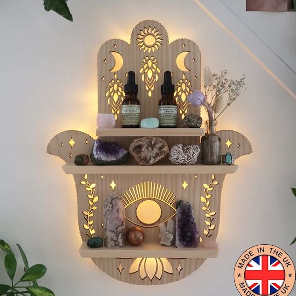 Coppermoon Light Hamsa Hand Shelf, Hamsa Hand Lamp,  Hand of Fatima,  wooden crystal shelf, Hamsa Wall Art